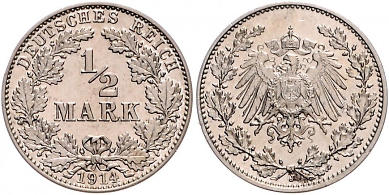 Kaiserreich Kleinmünzen 1/2 Mark 1914 J Materialprobe in Silber mit doppelter Di...