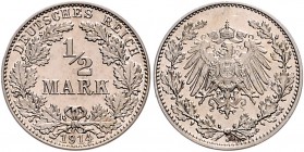 Kaiserreich Kleinmünzen 1/2 Mark 1914 J Materialprobe in Silber mit doppelter Dicke, Rand glatt (!) J. zu 16. Schaaf -. Beckenb. -. 
4,52g f.st
