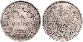 Kaiserreich Kleinmünzen 1/2 Mark 1919 Probeprägung in Silber ohne Mzz. (!) Ziffern der Jz. stark versetzt von Hand in den Prägestempel eingeschlagen. ...