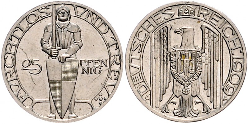 Kaiserreich Kleinmünzen 25 Pfennig 1909 A Motivprobe in Silber: Ritter mit Schil...