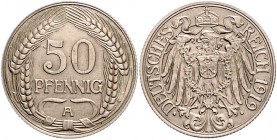 Ersatzmünzen des 1. Weltkrieges 50 Pfennig 1919 A Gestaltungsprobe in Kupfer-Nickel: Rand geriffelt (!), Gestaltung wie 25 Pfennig J.18, nur mit Wertz...
