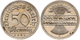 Ersatzmünzen des 1. Weltkrieges 50 Pfennig 1920 A Materialprobe in Neusilber: mit Riffelrand J. zu301. Schaaf 301M6. Beckenb. - (vgl. 3434 in Silber 9...