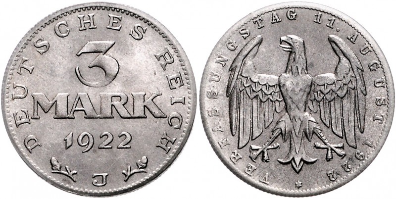 Ersatzmünzen des 1. Weltkrieges 3 Mark 1922 J Materialprobe in Eisen-Nickel-Mang...