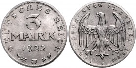 Ersatzmünzen des 1. Weltkrieges 3 Mark 1922 J Materialprobe in Eisen-Nickel-Mangan Legierung: magnetisch, mit Riffelrand J. zu303. Schaaf 303M5. Becke...