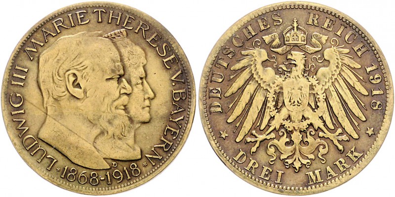 Bayern Ludwig III. 1913-1918 3 Mark 1918 Bayernhochzeit Probeprägung in Messing....