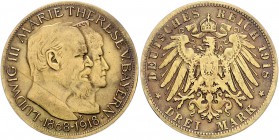 Bayern Ludwig III. 1913-1918 3 Mark 1918 Bayernhochzeit Probeprägung in Messing. Rand glatt, ohne Randschrift. Sehr selten, uns ist kein weiteres Exem...
