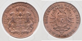 Hamburg 2 Mark 1876 J Probe, Prägung auf Kupferschrötling mit Riffelrand. Von PCGS verpackt und mit SP58 bewertet. J. zu 61. Schaaf S.153 Nr. 61M1. Be...