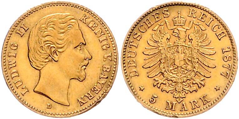 Bayern Ludwig II. 1864-1886 5 Mark 1877 D 
 ss-vz