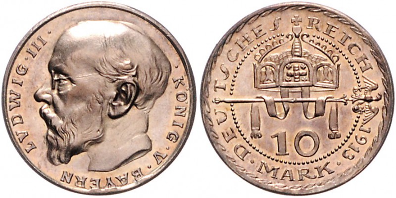 Bayern 10 Mark-PROBE 1913 (v. Karl Goetz) Kupfer, versilbert Kien. 77. J. zu202....