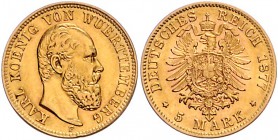 Württemberg Karl I. 1864-1891 5 Mark 1877 F 
 vz/vz-st