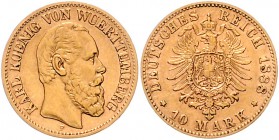 Württemberg Karl I. 1864-1891 10 Mark 1888 F 
 ss-vz