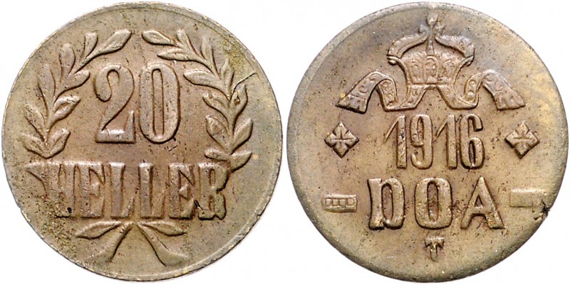 Deutsch-Ostafrika 20 Heller 1916 T Schleife unter Wertangabe / kleine Krone, Mes...