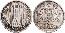 Nebengebiete - Danzig 5 Gulden 1923 J. D9. 
kl.Kr. f.vz