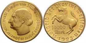 Nebengebiete - Westfalen 10000 Mark 1923 hohes Relief des Kopfes, breiter Randstab, Tombak, vergoldet J. N20a. Funck 645.7 a. 
 PL