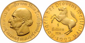 Nebengebiete - Westfalen 1 Billion Mark 1923 spätere Prägung (2001) der Münze Hamburg in Silber, vergoldet. J. zuN28. 
100,0g PP