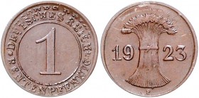 Weimarer Republik 1 Pfennig 1923 E Fehlprägung: kurz versetzt zweimal beprägt - Umschrift Deutsches Reich zweimal untereinander J. zu306. 
 vz-