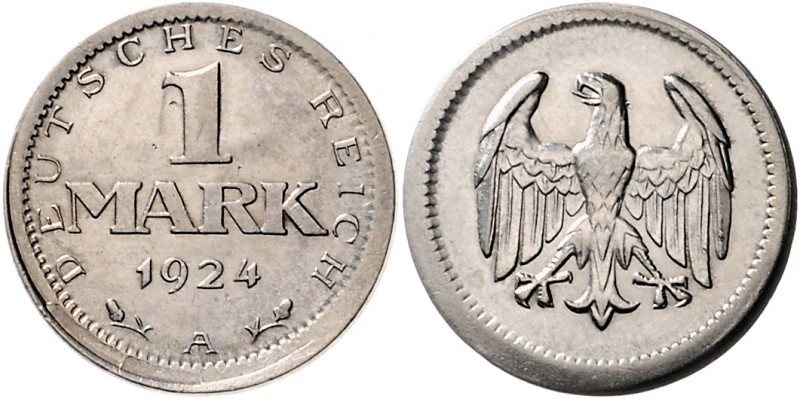 Weimarer Republik 1 Mark 1924 A Fehlprägung: Rand glatt, ohne Randschrift (!) J....