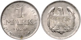 Weimarer Republik 1 Mark 1924 D Fehlprägung: Adlerseite kurz versetzt doppelt geprägt (der Adler hat 4 Füße) J. zu311. 
 vz-st
