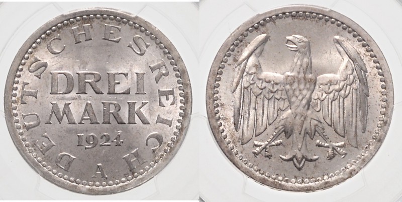 Weimarer Republik 3 Mark 1924 A J. 312. 
PCGS MS64 vz-st
