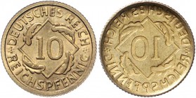 Weimarer Republik 10 Pfennig o.J. Fehlprägung: zweimal Wertseite, einmal incus, mit Riffelrand J. zu317. Schaaf -. Beckenb. -. 
 vz-st
