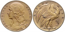 Weimarer Republik 3 Mark 1925 D Gestaltungsprobe in Bronze von Karl Goetz. Mädchenkopf mit Umschrift Deutsches Reich Schaaf S.302 Nr. 320aG3 VS.5/RS.5...