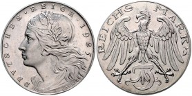 Weimarer Republik 3 Mark 1925 D Gestaltungsprobe in Silber von Karl Goetz. Mädchenkopf mit Umschrift Deutsches Reich, i.Rd: 800 Schaaf S.302 Nr. 320aG...