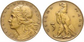 Weimarer Republik 3 Reichsmark 1925 D (v. Karl Goetz) Motivprobe in Messing Schaaf 320aG 3 (Vs.4/Rs. 2). Kien. 352. Slg. Bö. 5876. 
30,0mm 11,75g vz