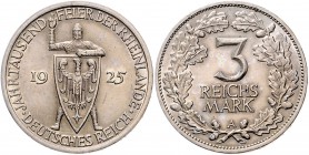 Weimarer Republik 3 Reichsmark 1925 A Zur Jahrtausendfeier der Rheinlande J. 321. 
kl.Kr. vz+
