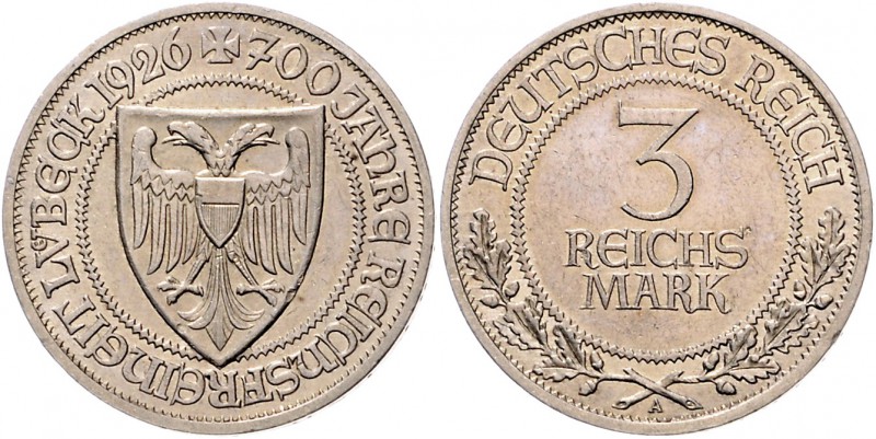 Weimarer Republik 3 Reichsmark 1926 A 700 Jahre Reichsfreiheit Lübeck J. 323. 
...