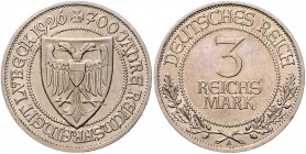 Weimarer Republik 3 Reichsmark 1926 A 700 Jahre Reichsfreiheit Lübeck J. 323. 
kl.Kr. ss-vz