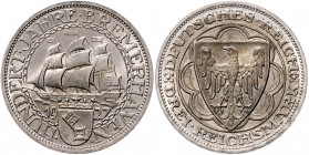 Weimarer Republik 3 Reichsmark 1927 A 100 Jahre Bremerhaven J. 325. 
winz. Rf. vz-st