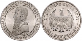Weimarer Republik 3 Reichsmark 1927 A 450 Jahre Universität Tübingen J. 328. 
 vz+