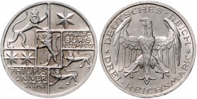 Weimarer Republik 3 Reichsmark 1927 A 400 Jahre Philipps-Universität Marburg J. 330. 
winz.Rf. vz-st