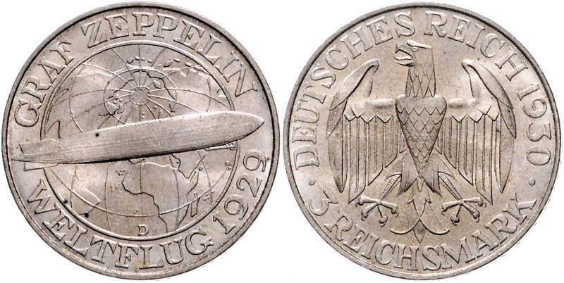 Weimarer Republik 3 Reichsmark 1930 D Zum Weltflug des Graf Zeppelin" 1929 J. 34...