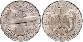 Weimarer Republik 3 Reichsmark 1930 D Zum Weltflug des Graf Zeppelin" 1929 J. 342. "
kl.Flecken vz-st