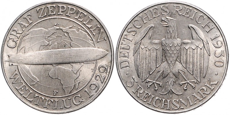 Weimarer Republik 3 Reichsmark 1930 F Zum Weltflug des Graf Zeppelin" 1929 J. 34...