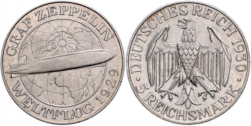 Weimarer Republik 5 Reichsmark 1930 A Zum Weltflug des Graf Zeppelin" 1929 J. 34...