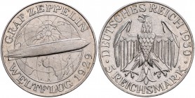 Weimarer Republik 5 Reichsmark 1930 A Zum Weltflug des Graf Zeppelin" 1929 J. 343. "
Rs. min. Korrsp. vz+