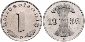 Drittes Reich 1 Pfennig 1936 D Probe Kopplung des Wertseitenstempels von 1 Pfennig J. 361 mit dem Rückseitenstempel des 1 Pfennig J. 313. Reinnickel, ...