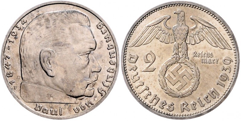Drittes Reich 2 Reichsmark 1939 F Fehlprägung: geprägt mit 80 Grad Stempeldrehun...