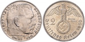 Drittes Reich 2 Reichsmark 1939 F Fehlprägung: geprägt mit 80 Grad Stempeldrehung nach rechts. J. 366. 
 vz