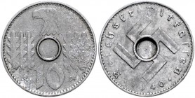 Drittes Reich 10 Pfennig 1940 A Probe oder Fehlprägung der Reichskreditkasse, auf durchgehendem Rohling ohne Loch geprägt. Äußerst selten, uns ist kei...
