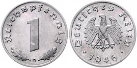 Alliierte Besatzung 1945-1948 1 Pfennig 1946 D Probe. Offiziell wurde diese Münze mit Münzzeichen D (München) nie geprägt. Aluminium (wie 1 Pfennig DD...