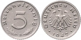 Alliierte Besatzung 1945-1948 5 Pfennig 1947 D Materialprobe aus Eisen, Nickel plattiert. Mit stark mattierten Stempeln geprägt. in diesem Material be...