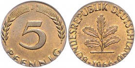 Bundesrepublik Deutschland 5 Pfennig 1966 J Fehlprägung auf zu kleinem und zu dünnem Schrötling in 1-Pfennig-Größe, 2,0g J. zu382. Schaaf -. 
 f.st...