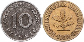 Bundesrepublik Deutschland 10 Pfennig 1950 F nur eine Seite plattiert J. 383. 
 ss