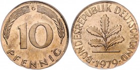 Bundesrepublik Deutschland 10 Pfennig 1979 G Fehlprägung auf artfremder, zu kleiner Ronde, Gewicht 2,9g (statt 4,0g) J. zu383. Schaaf -. 
 f.st