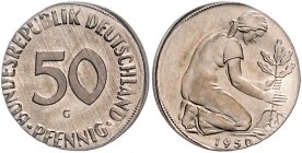 Bundesrepublik Deutschland 50 Pfennig 1950 G Fehlprägung auf zu kleinem und dünnem Schrötling in 5-Pfennig-Größe, Kupfer-Nickel, Gewicht nur 2,0g, nur...