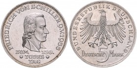 Bundesrepublik Deutschland 5 Deutsche Mark 1955 F Zum 150. Todestag von Friedrich von Schiller J. 389. 
 f.vz