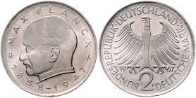 Bundesrepublik Deutschland 2 Deutsche Mark 1967 F Max Planck, Fehlprägung, mit glattem Rand, ohne Randinschrift, 6,92g. J. zu392. 
sehr selten f.st